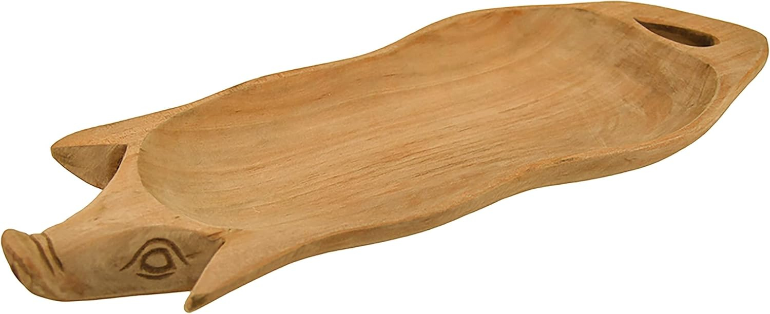 Zeckos Hand Carved Pig Shaped Decorative Wood Serving Tray 15 inch