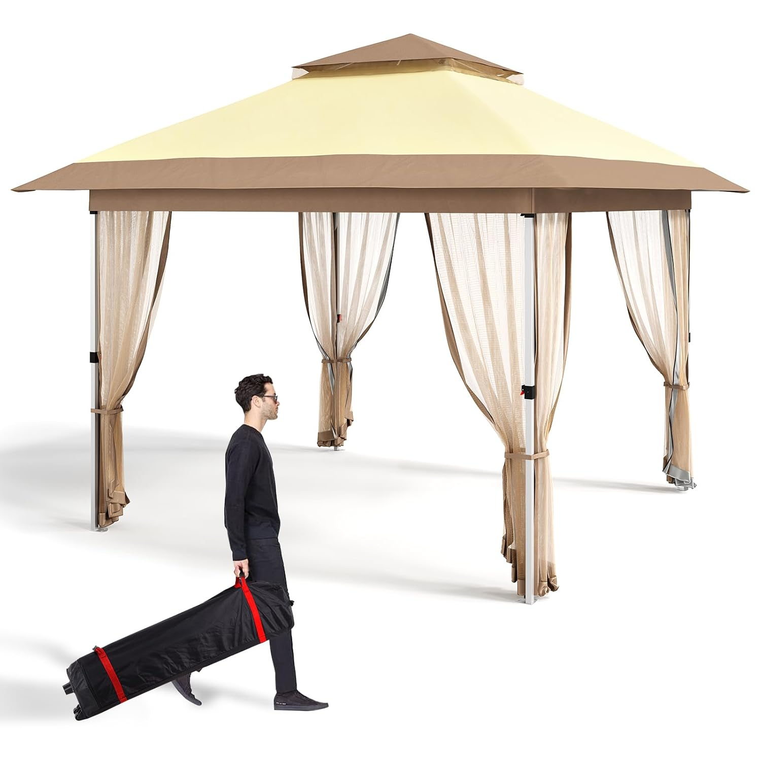 11'x11' Gazebo Outdoor Pop up Canopy Tent with Curtains and 121 Square Shelter for Patio,Backyard Party, with Mosquito Netting, 2-Tiered Vented Top,Beige