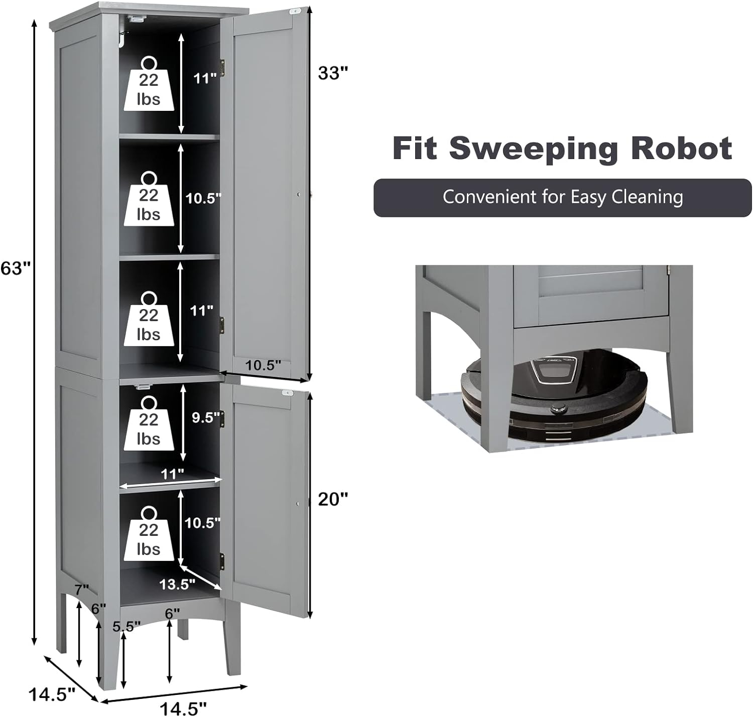 5 Tier  Freestanding Tower Cabinet Tall Bathroom Storage Cabinet Grey