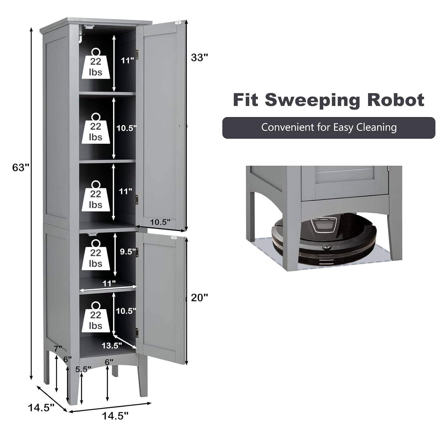 5 Tier  Freestanding Tower Cabinet Tall Bathroom Storage Cabinet Grey