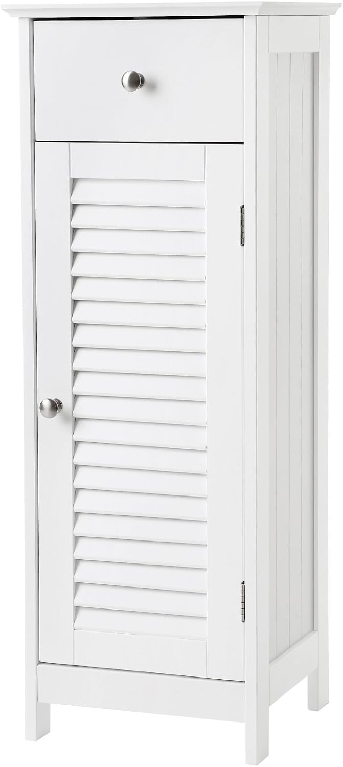 VASAGLE Bathroom Storage Cabinet, Small Slim Bathroom Floor Cabinet with Drawer and Shutter Door, for Living Room, Bedroom, 11.8 x 12.6 x 34.3 Inches, White UBBC43WT