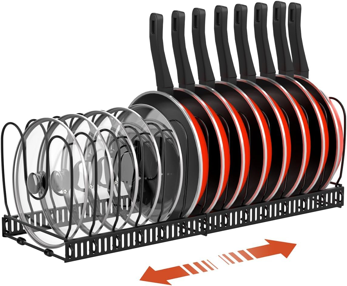 Pot and Pan Organizer Rack for Cabinet, Expandable Pot Lid Organizer Holder with 14 Adjustable Dividers, Fully Expanded Size 22.83" W x 7.09" D x 7.09" H, Black