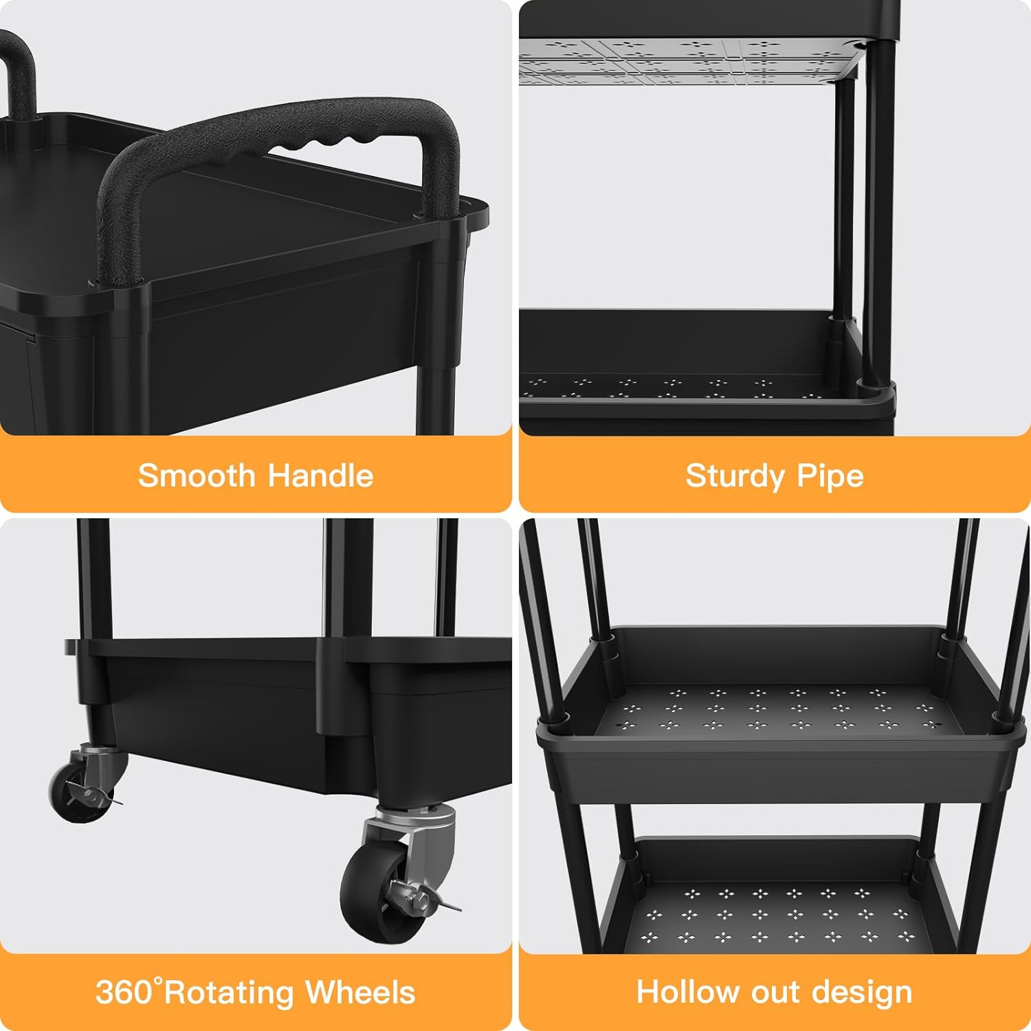 4 Tier Rolling Utility Cart with Handle,REBECAT Utility Cart Made of Multifunctional Storage Organizer Tool for Kitchen,Bathroom,Living Room,Office(Black)