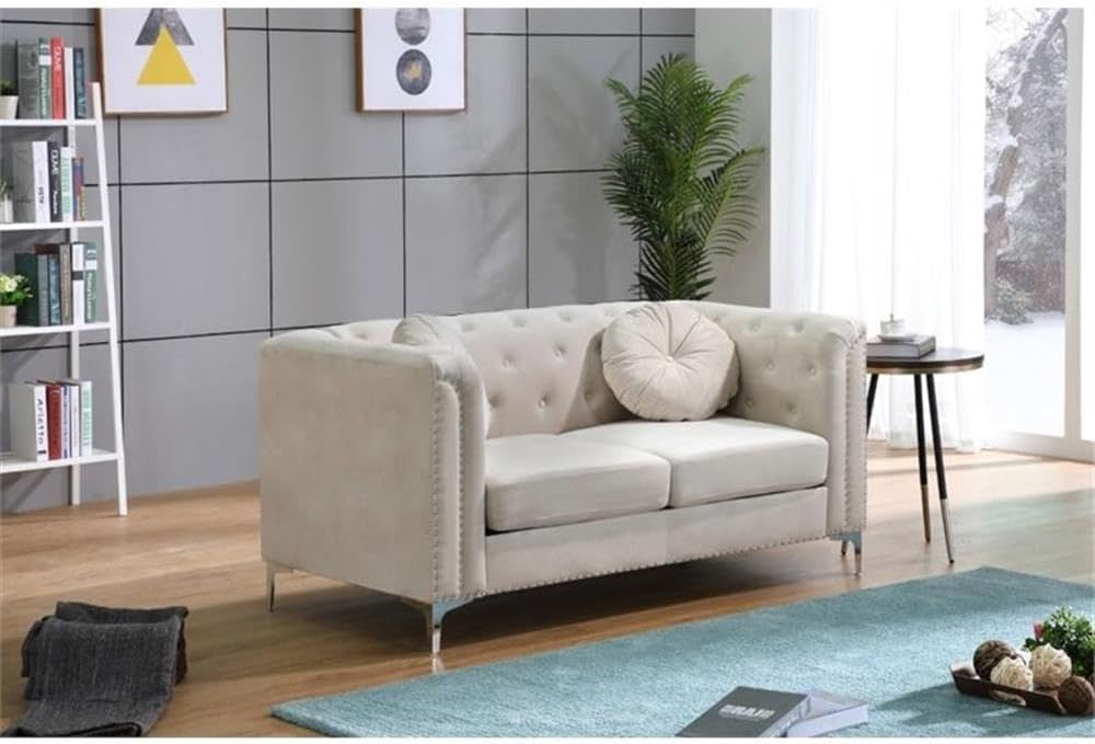 Ivory Velvet Tufted Loveseat with Nailhead Trim