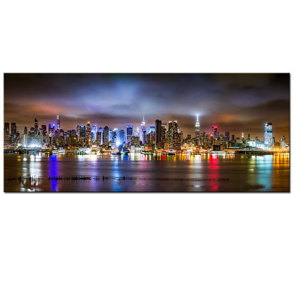 sechars - New York City Wall Art Manhattan Skyline Panorama on Cloudy Night Picture Giclee Art Print Modern Home Office Wall Decoration