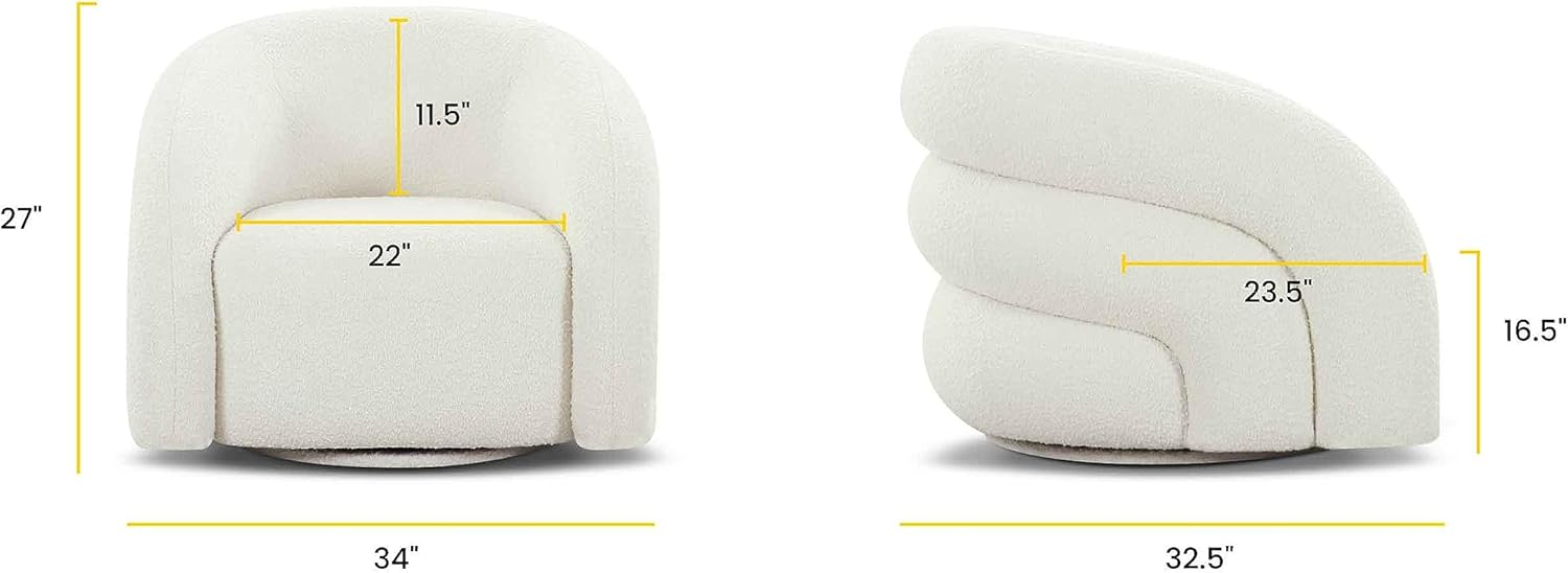 Ivory White Boucle Swivel Accent Chair with Wood Base