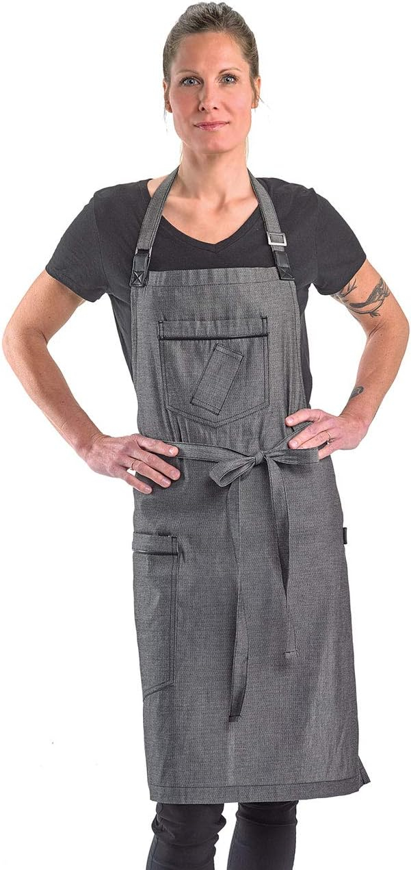 Mercer Culinary Metro Edge Renegade Bib Server Apron, Black Denim with Brown Leather Straps