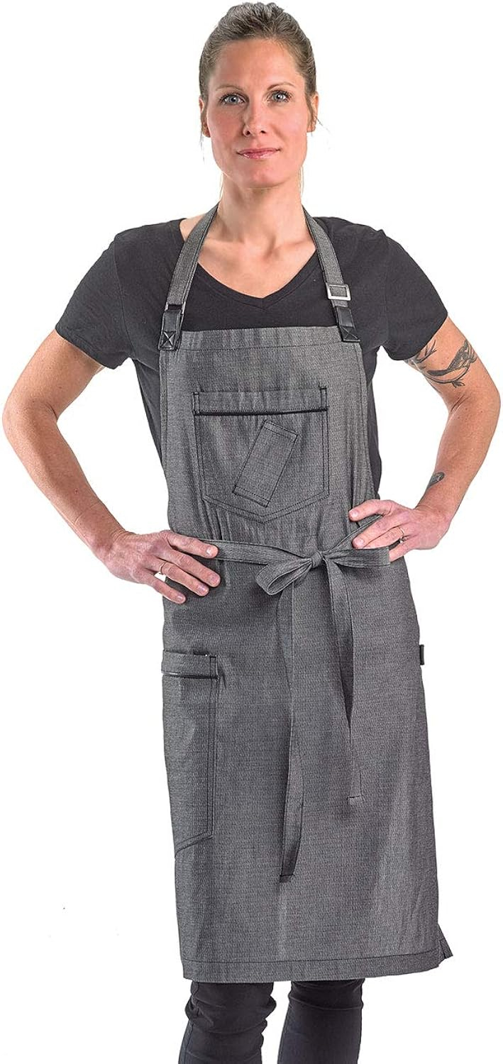 Mercer Culinary Metro Edge Renegade Bib Server Apron, Black Denim with Brown Leather Straps