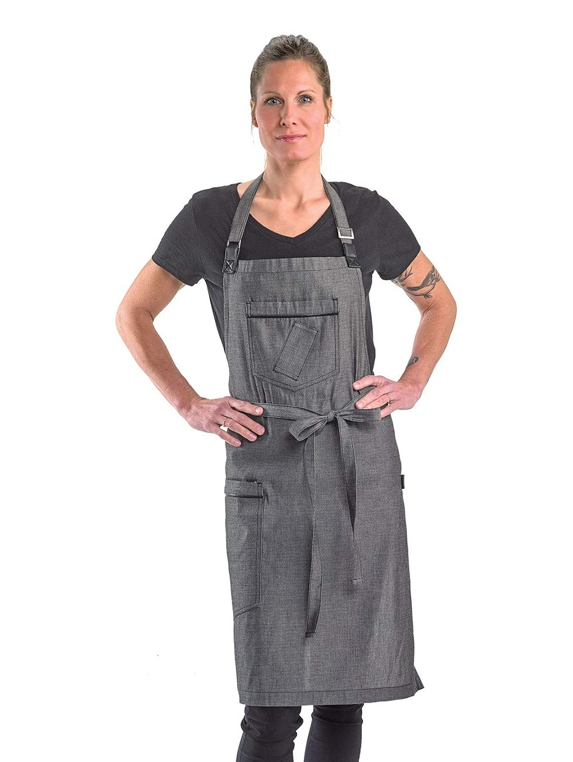 Mercer Culinary Metro Edge Renegade Bib Server Apron, Black Denim with Brown Leather Straps