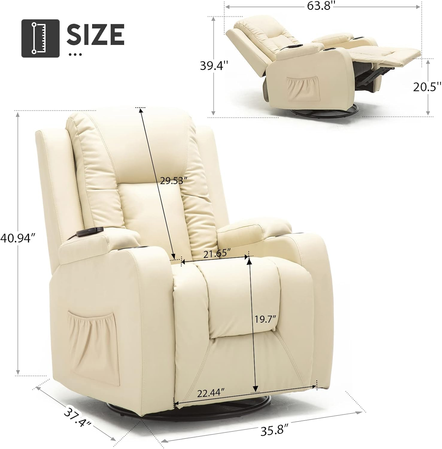 COMHOMA Recliner Chair, PU Rocking Chair for Adults, Swivel Recliner with Cup Holders, Heat and Massage, Single Sofa Seat with Side Pockets for Living Room, Bedroom (White)