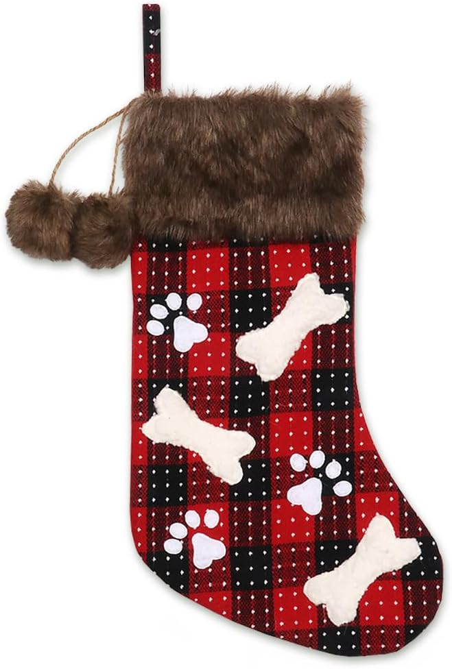 Christmas Stockings Set, 18'' Black Red Buffalo Plaid Christmas Stockings Hanging Ornaments Soft Faux Fur Pet Paw Christmas Stockings Plush Fireplace Hanging Stockings for Christmas Holiday Xmas Gift