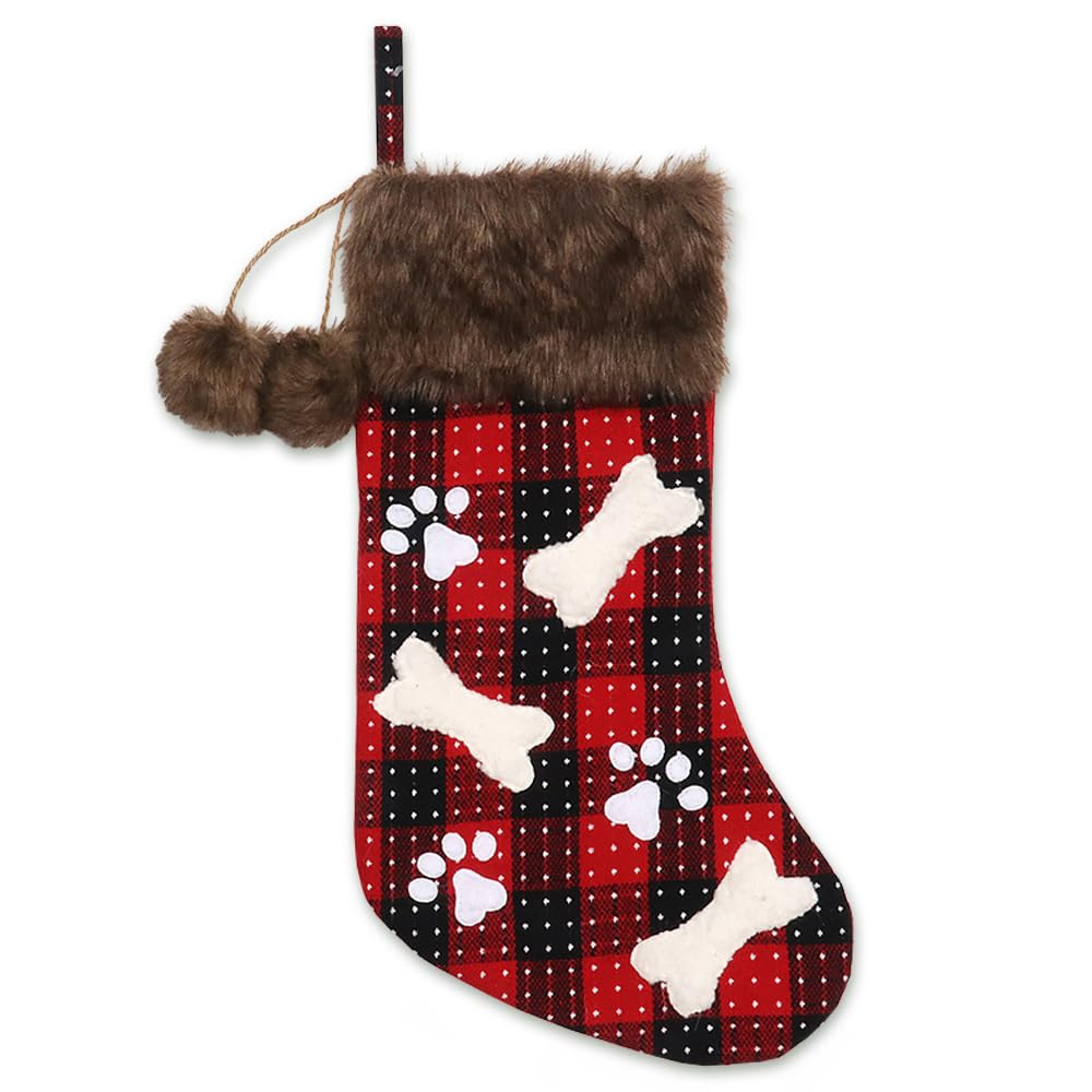 Christmas Stockings Set, 18'' Black Red Buffalo Plaid Christmas Stockings Hanging Ornaments Soft Faux Fur Pet Paw Christmas Stockings Plush Fireplace Hanging Stockings for Christmas Holiday Xmas Gift