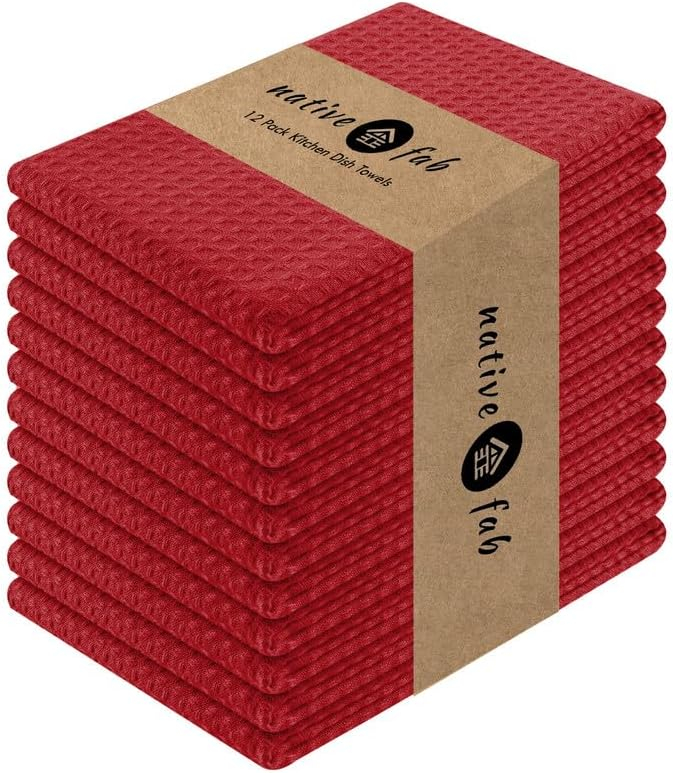 Native Fab 12 Pack Cotton Waffle Dish Towels - Kitchen Hand Cloths Set with Hanging Loop - Red