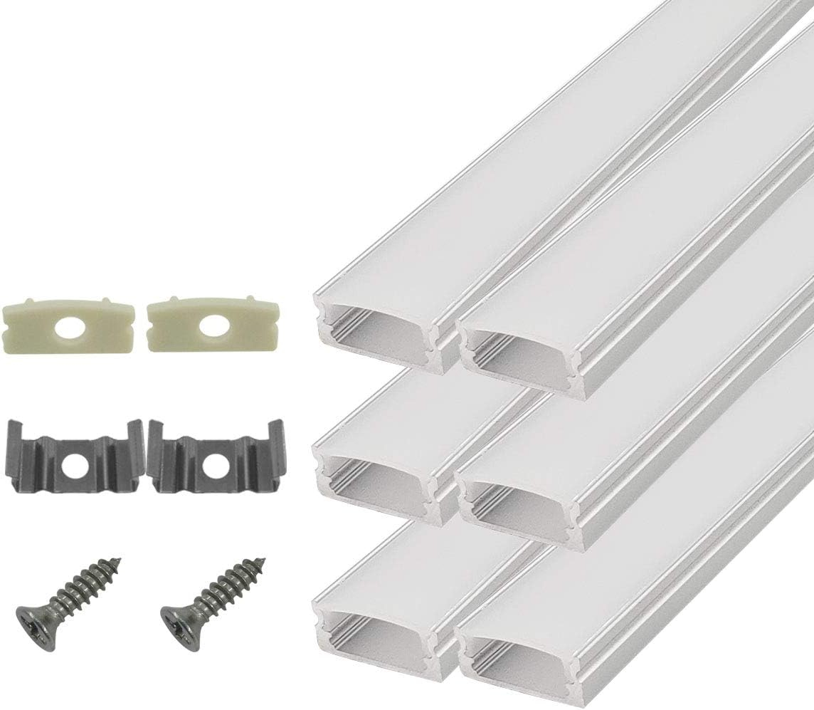 HAMRVL 6-Pack 30cm/1ft 17.2x7mm Led Aluminum Channel System U Shape with Cover, Led Strip Light Diffuser with White End Caps and Mounting Clips Accessories for Under Counter Light Fixture for Indoor