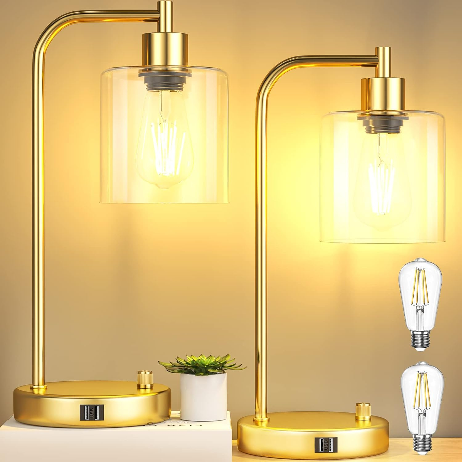 【Upgraded】Set of 2 Industrial Table Lamps with 2 USB Port, Fully Stepless Dimmable Bedside Lamps for Bedroom, Nightstand Desk Lamps with Glass Shade for Bedroom Living Room Office 2 LED Bulb Included
