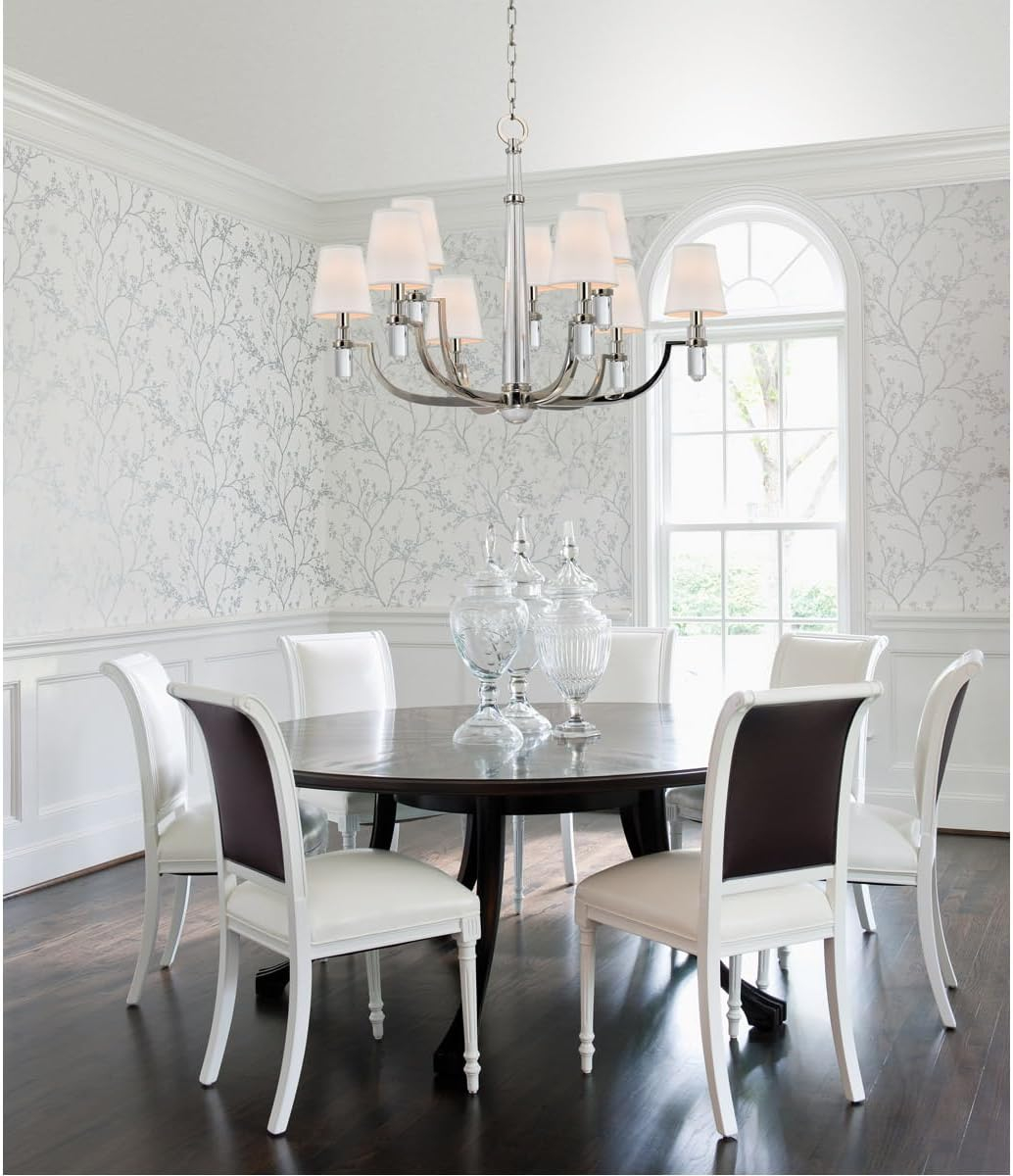 Polished Nickel and Crystal 9-Light Chandelier with Faux Silk Shades