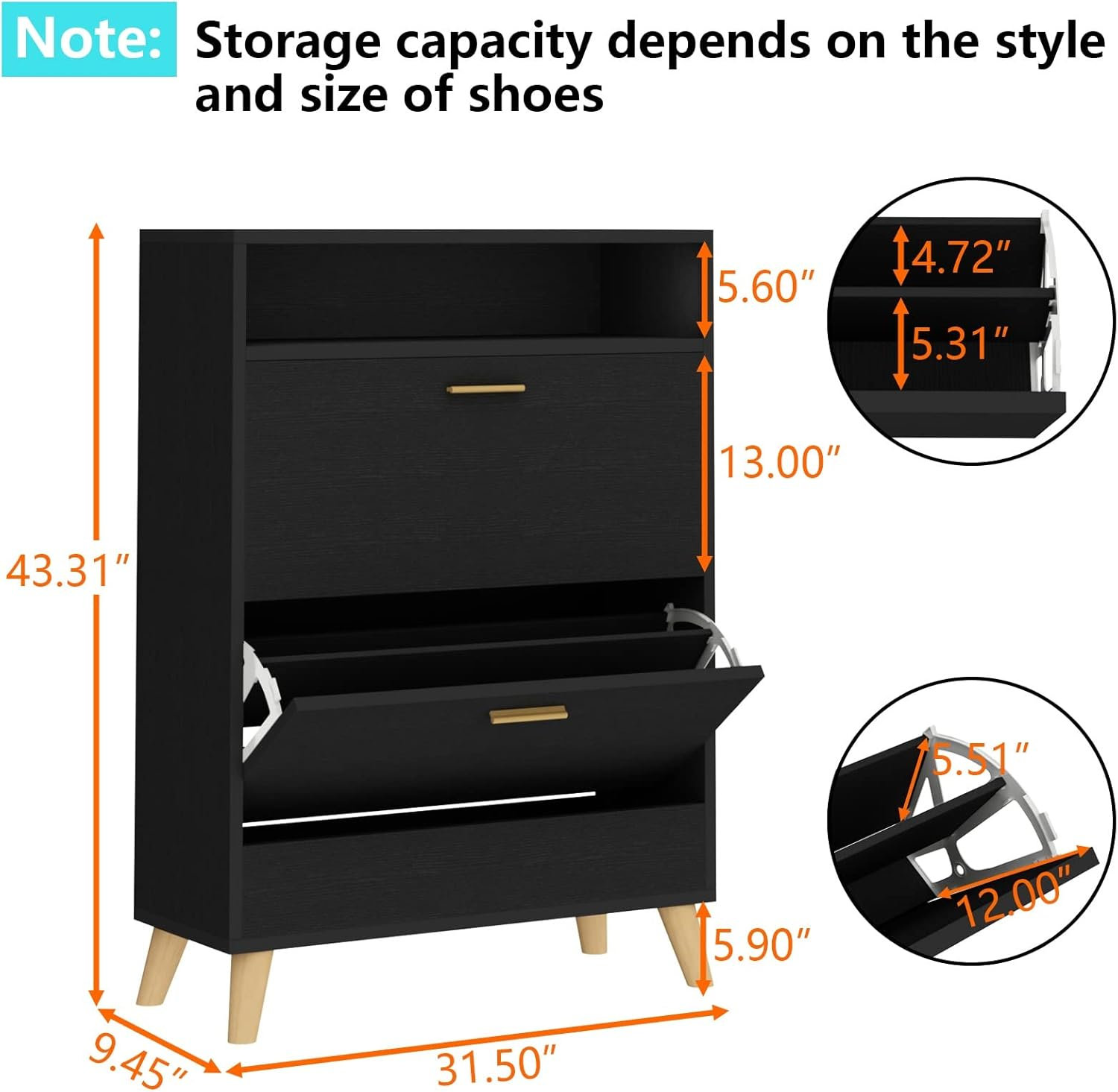 Shoe Storage Cabinets, 16 Pairs Free Standing Shoe Organizer with 2 Flip Drawers for Entryway, Narrow 3 Tier Entryway Hidden Shoe Rack with Doors (Dark Black)