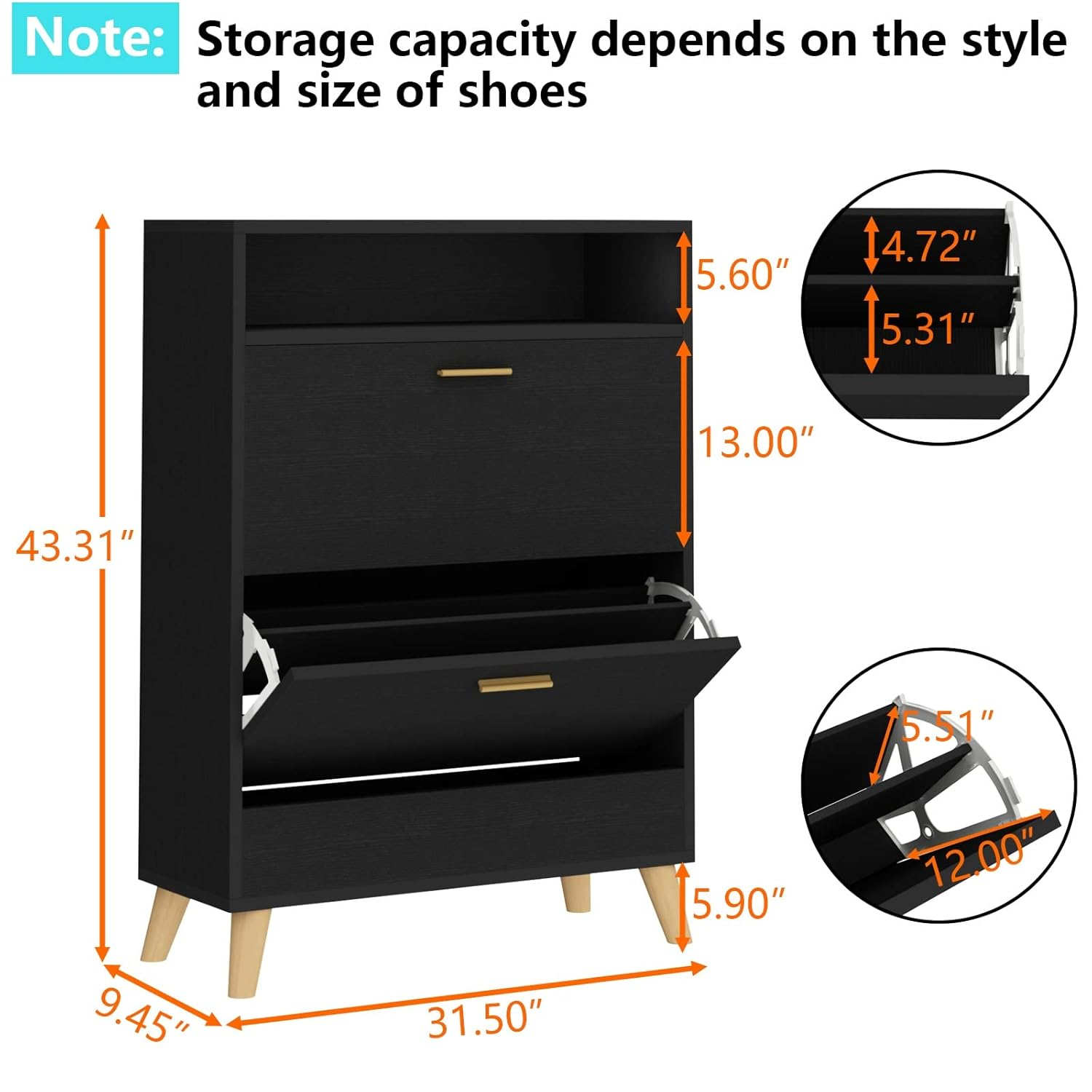 Shoe Storage Cabinets, 16 Pairs Free Standing Shoe Organizer with 2 Flip Drawers for Entryway, Narrow 3 Tier Entryway Hidden Shoe Rack with Doors (Dark Black)