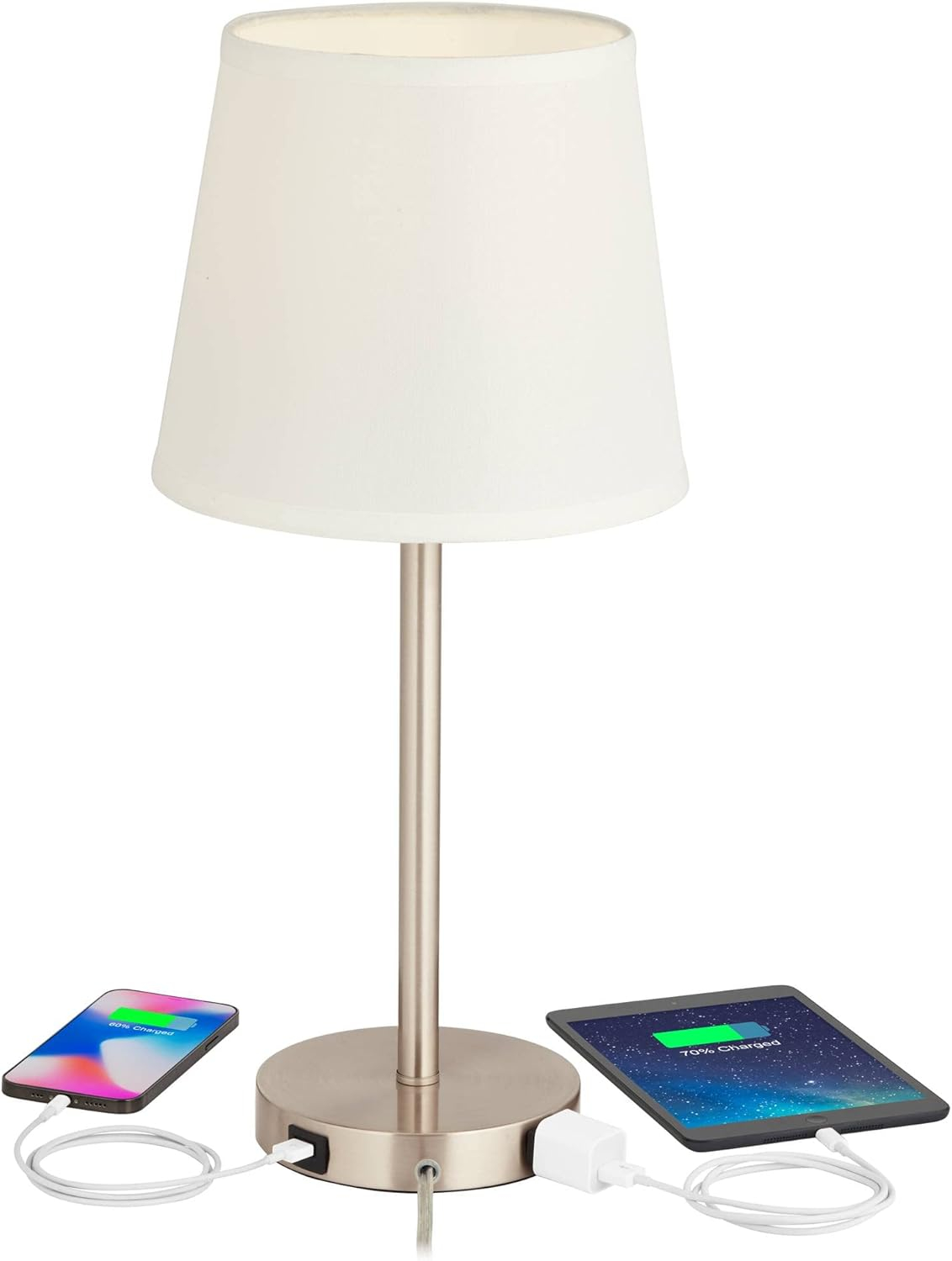 Brushed Nickel Table Lamp with USB and White Shade
