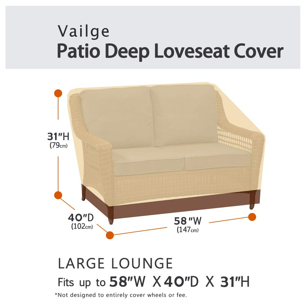 VAILGE 2-Seater Heavy Duty Patio Deep Bench Loveseat Cover, 100% Waterproof Outdoor Deep Sofa Cover, Lawn Patio Furniture Covers with Air Vent, Small (Deep), Beige & Brown