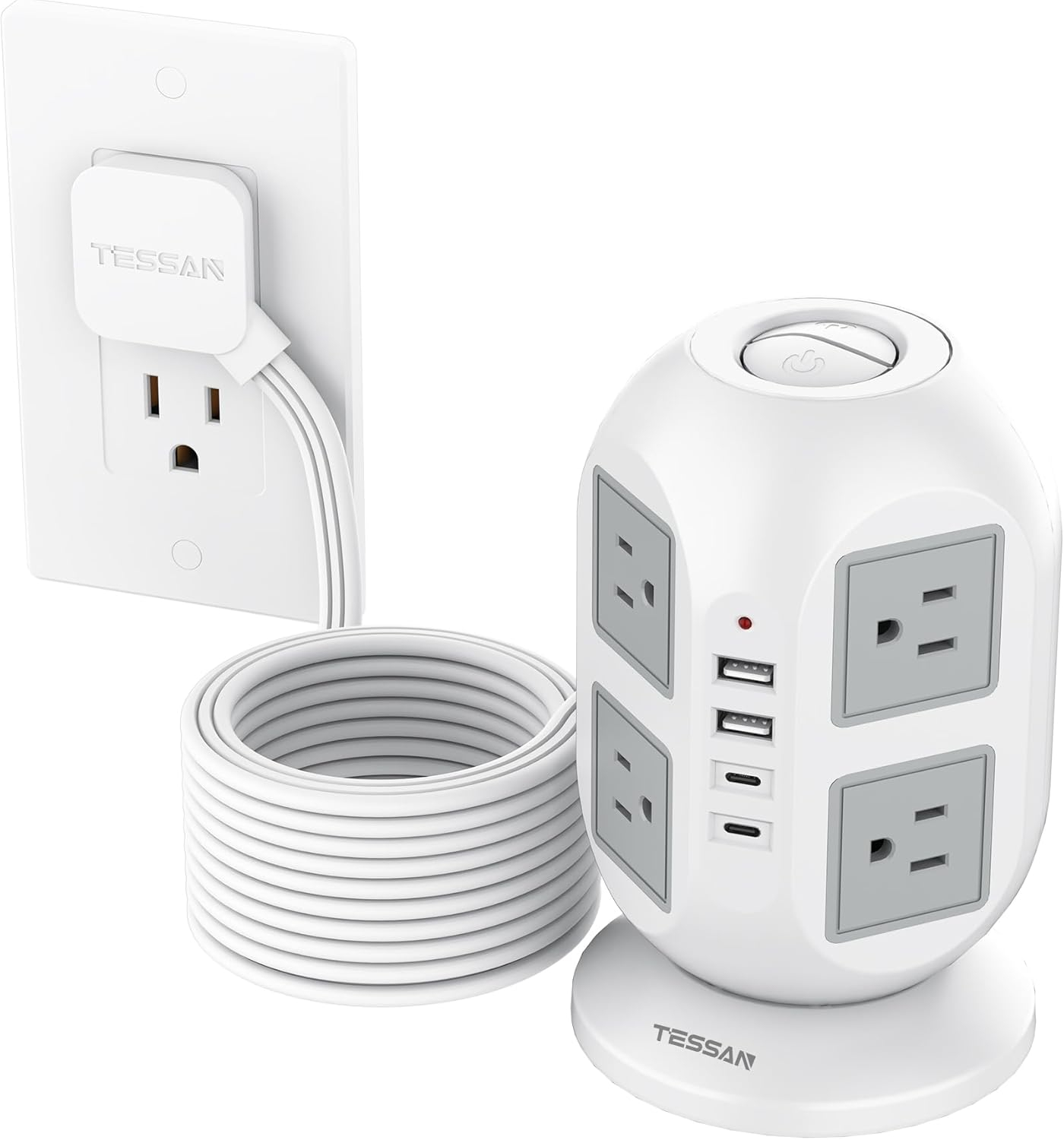 Tower Surge Protector Power Strip 10 ft, TESSAN Long Flat Extension Cord with Multiple Outlets, 8 AC Outlets with 4 USB Ports (1 USB C), Charging Station with Surge Protection, for Home Office Dorm