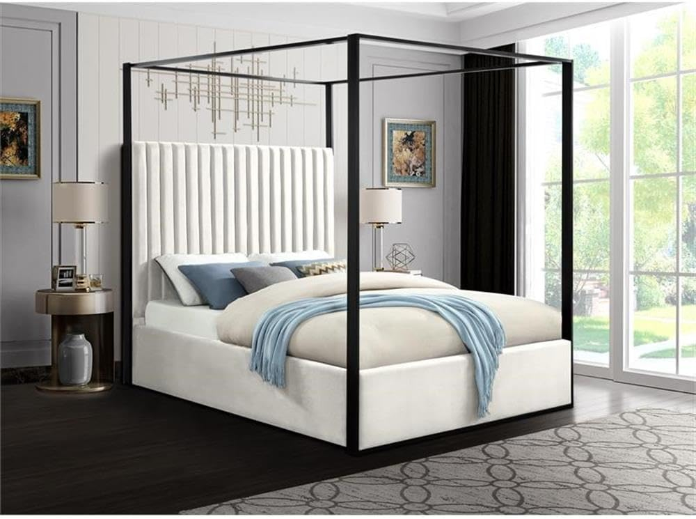 Meridian Furniture Jax Solid Wood and Velvet Queen Bed in Cream