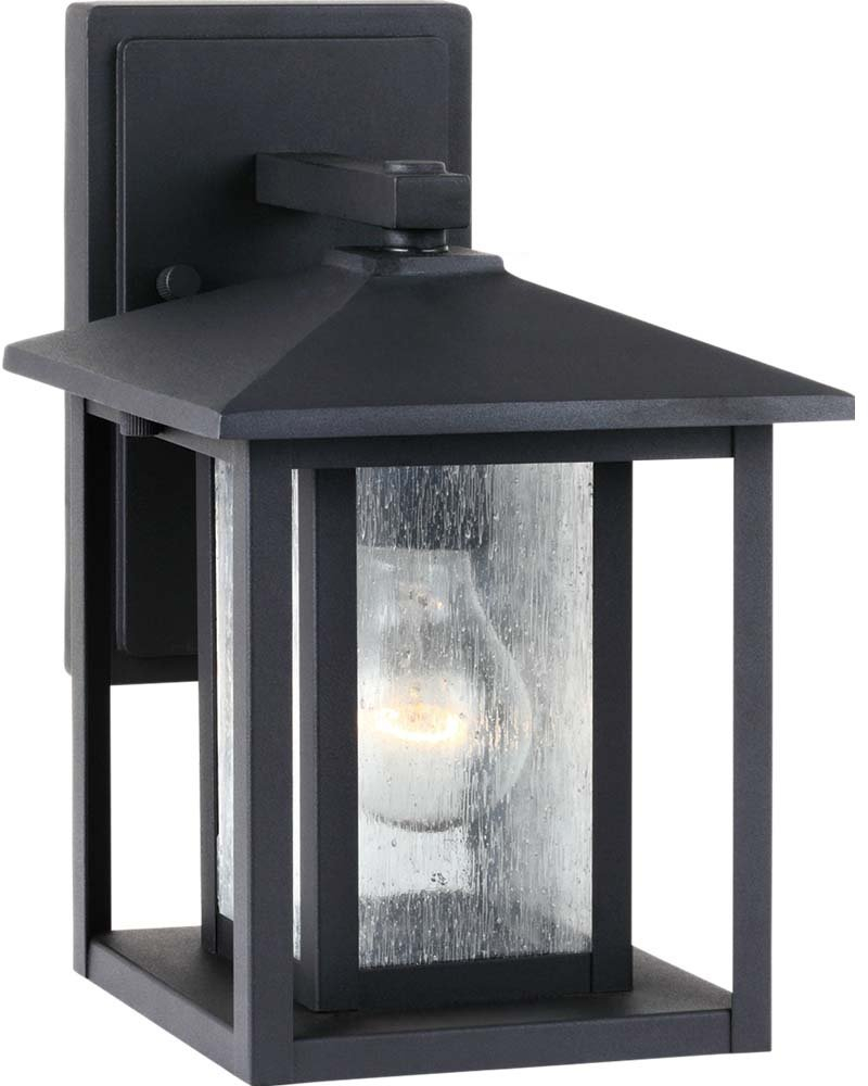 Transitional Hunnington Black Pewter 1-Light Outdoor Sconce with Seeded Glass