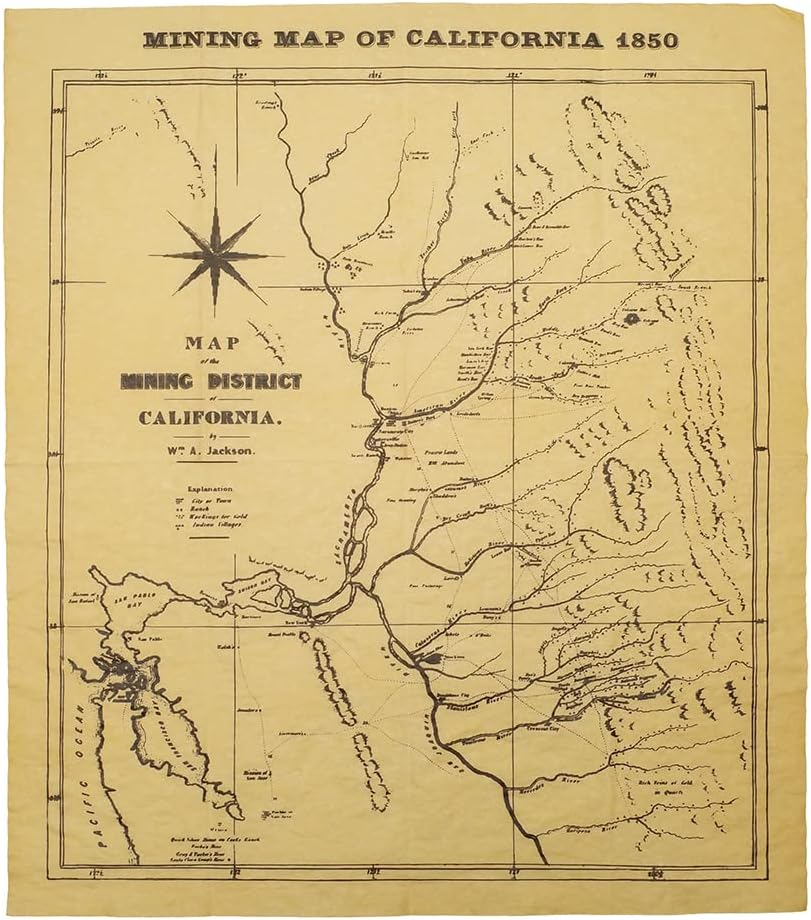 Mining Map California 1850 Parchment Paper Poster CA Gold Rush Home Decor Wall Art