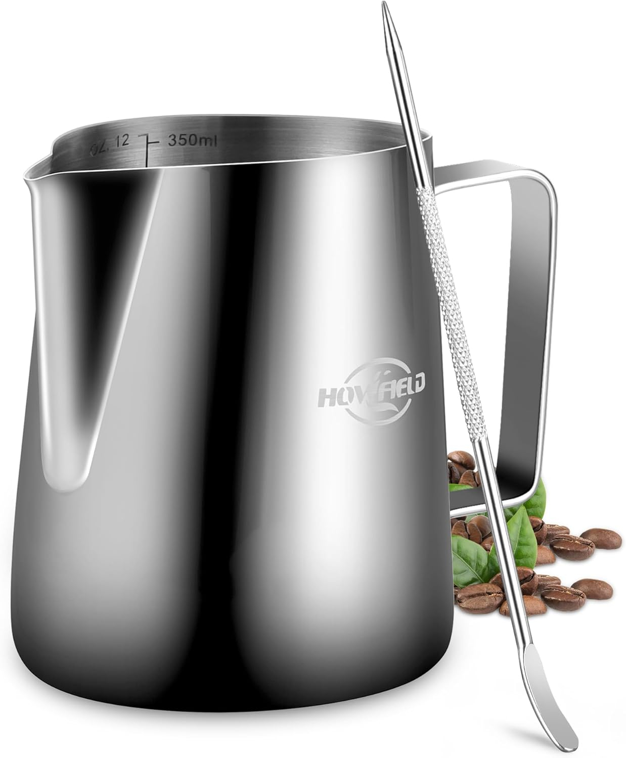 12oz (350ml) Milk Frothing Pitcher 304 Stainless Steel Steaming Jug with Latte Art Pen Anti-Scald Handle & Scale Barista Frother Cup for Cappuccino, Latte, Coffee Accessories