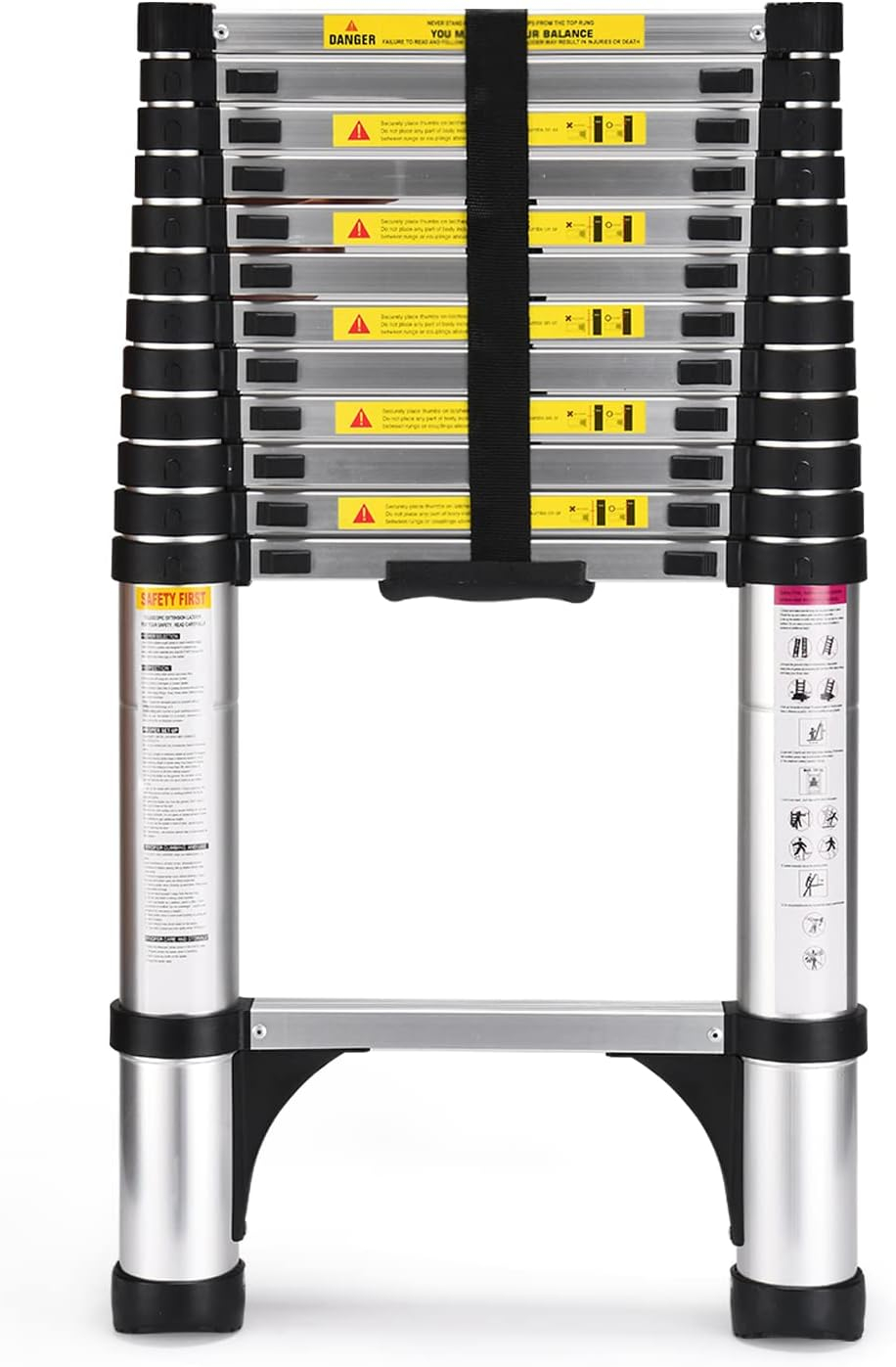 Heavy Duty Black Aluminum Telescopic Extension Ladder with Stabilizers