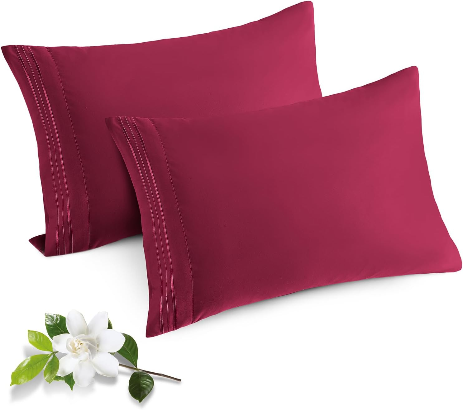 PiccoCasa 2Pcs Cotton Pillowcases Embroidered Pillow Covers, Queen Burgundy