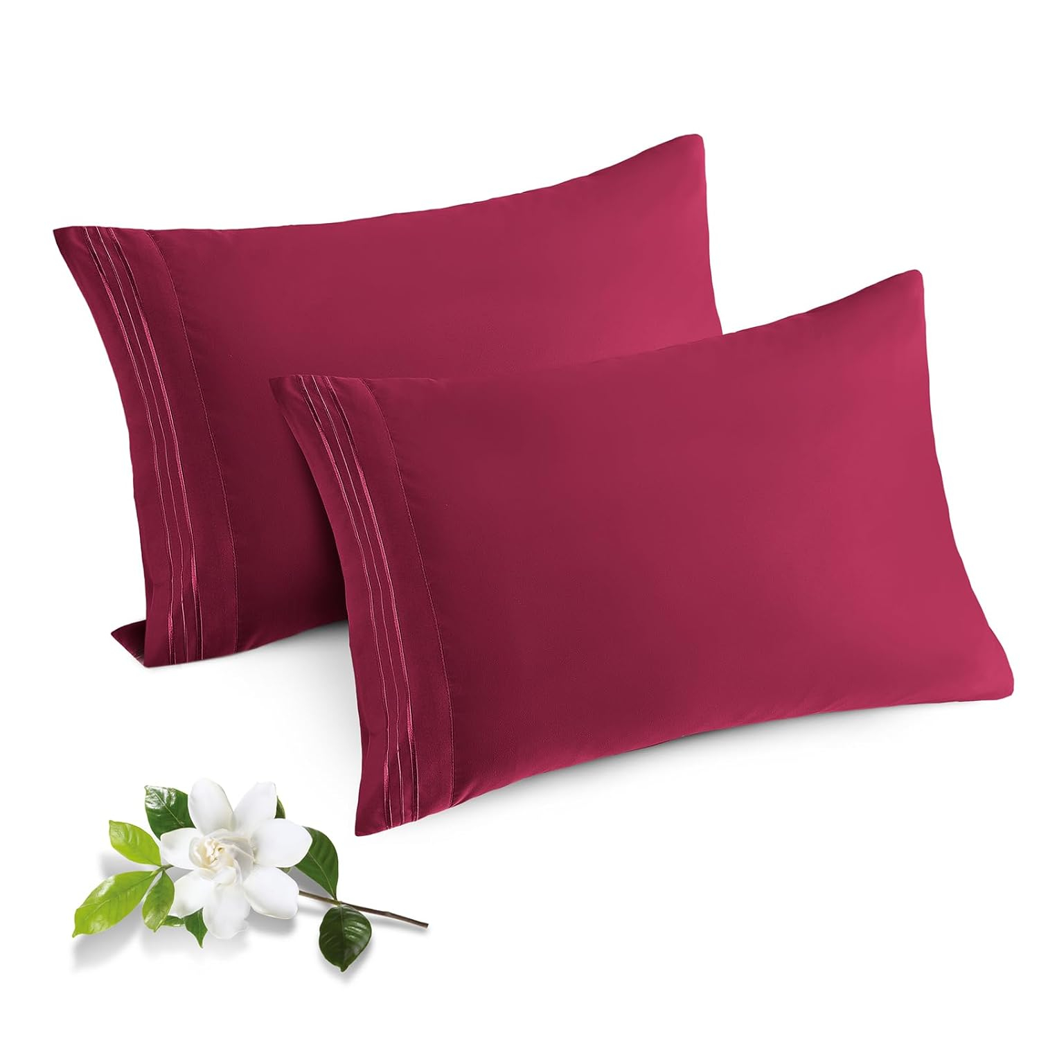 PiccoCasa 2Pcs Cotton Pillowcases Embroidered Pillow Covers, Queen Burgundy