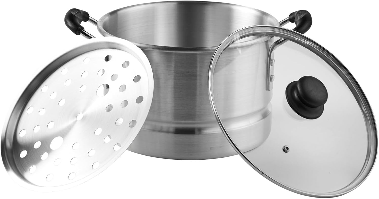 Imusa 10Qt Aluminum Steamer or Stock Pot with Glass Lid & Removable Rack