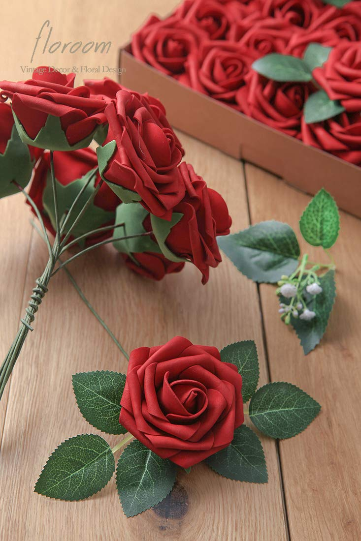 FlowGircnty Artificial Flower Dark Red Rose 25pcs Real Looking Fake Roses w/Stem for DIY Wedding Bouquets Centerpieces Arrangements Party Baby Shower Home Decorations