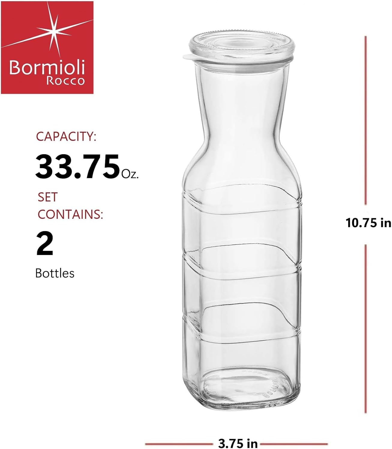 Bormioli Rocco Set of 2 Frigoverre Future 33.75 Oz. All Glass Pitcher With Airtight Lid, Made From Durable Glass, Dishwasher Safe, Made In Italy.