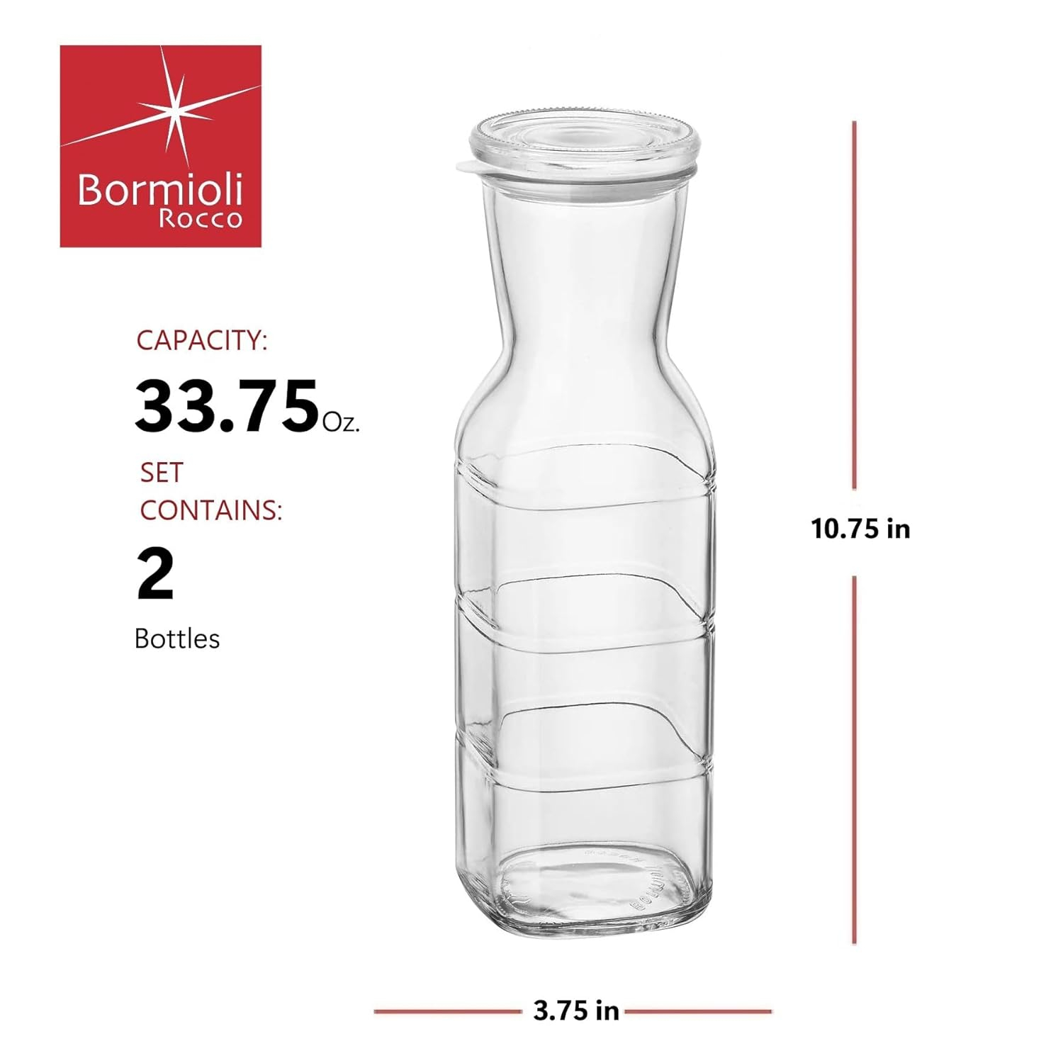 Bormioli Rocco Set of 2 Frigoverre Future 33.75 Oz. All Glass Pitcher With Airtight Lid, Made From Durable Glass, Dishwasher Safe, Made In Italy.