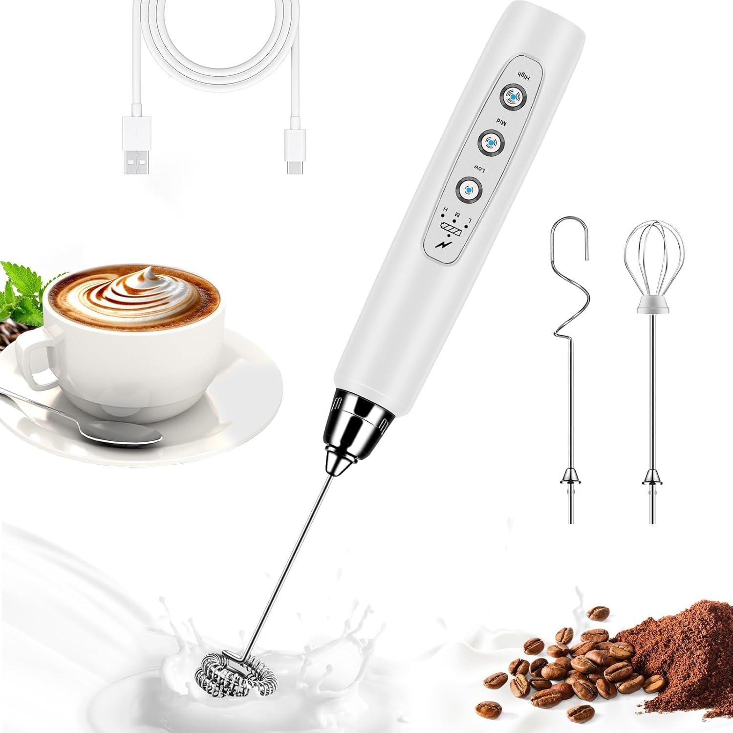 Nahida Silver Milk Frother Wand for Coffee, Frother Handheld Rechargeable Electric Whisk with 3 Heads 3 Speeds Drink Mixer Coffee Frother Foam Maker For Latte, Cappuccino, Hot Chocolate, Egg