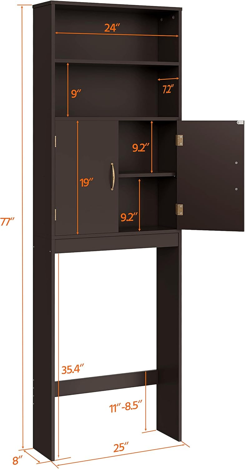 Killeryuki Over The Toilet Storage, Taller Bathroom Organizer Space-Saving Storage Cabinet with Adjustable Shelves and Double Doors, 77 in H, Espresso