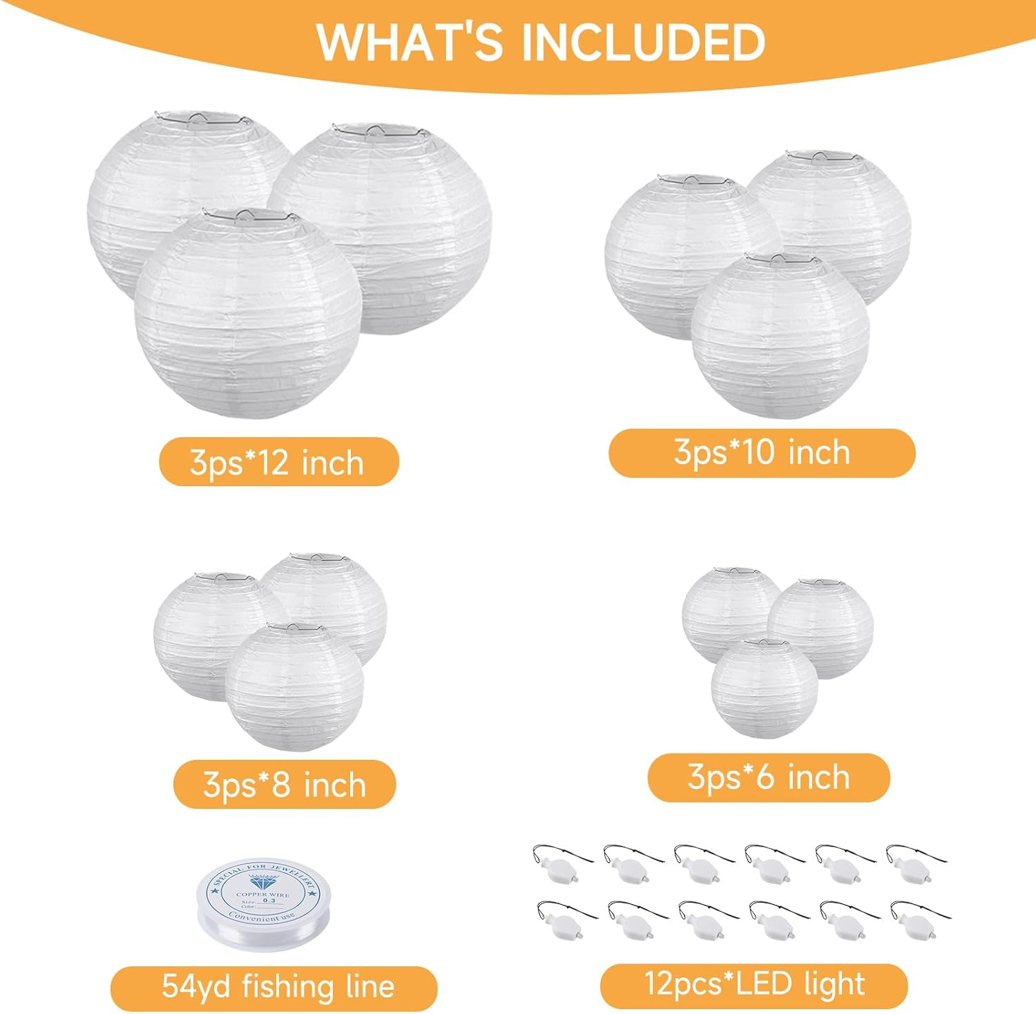 HAUSPROFI Paper Lanterns, 6" 8" 10" 12" Round Paper Lantern with LED Lantern Lights for Indoor and Outdoor Decoration - (Lanterns: 12pcs, Warm White Lights: 12pcs)