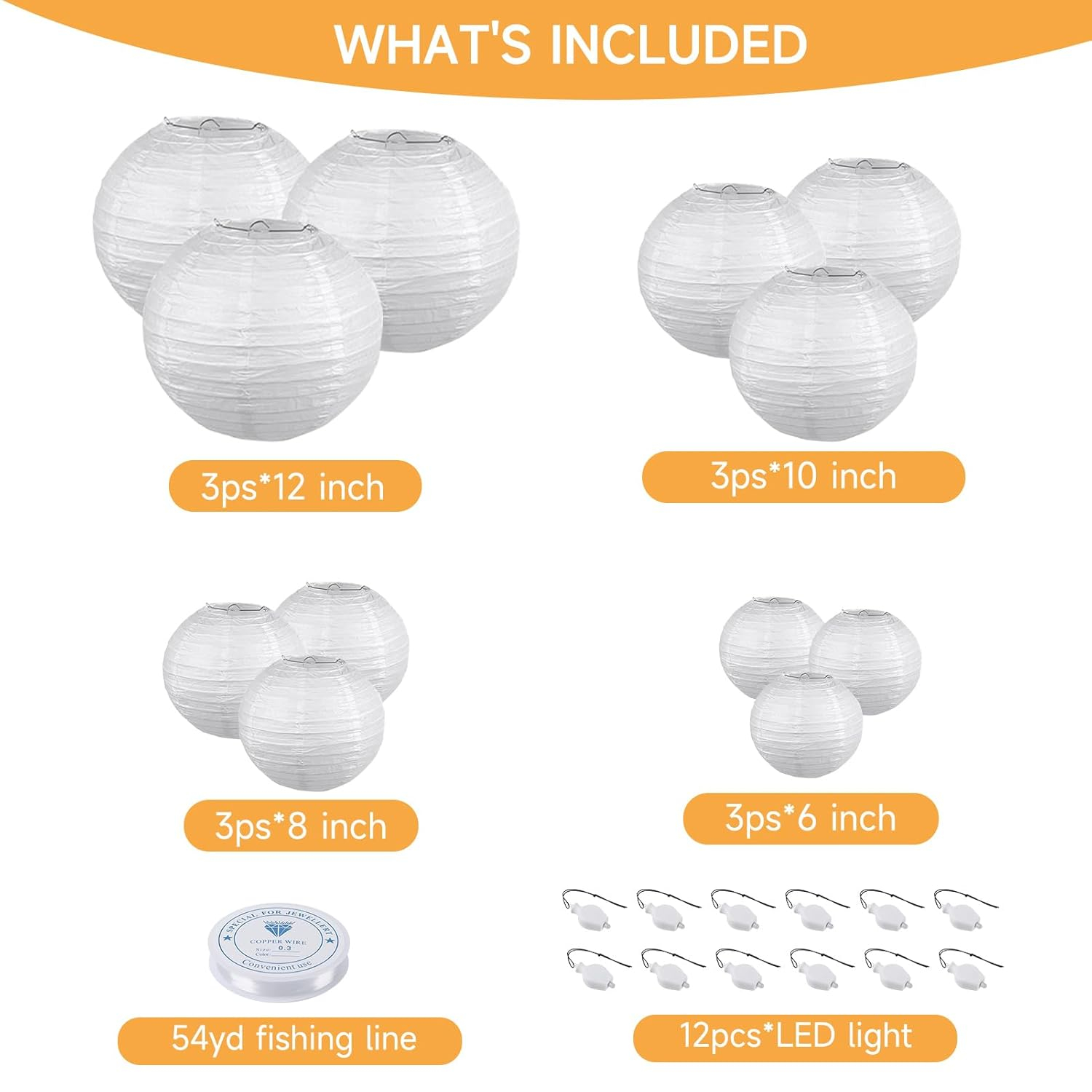HAUSPROFI Paper Lanterns, 6" 8" 10" 12" Round Paper Lantern with LED Lantern Lights for Indoor and Outdoor Decoration - (Lanterns: 12pcs, Warm White Lights: 12pcs)