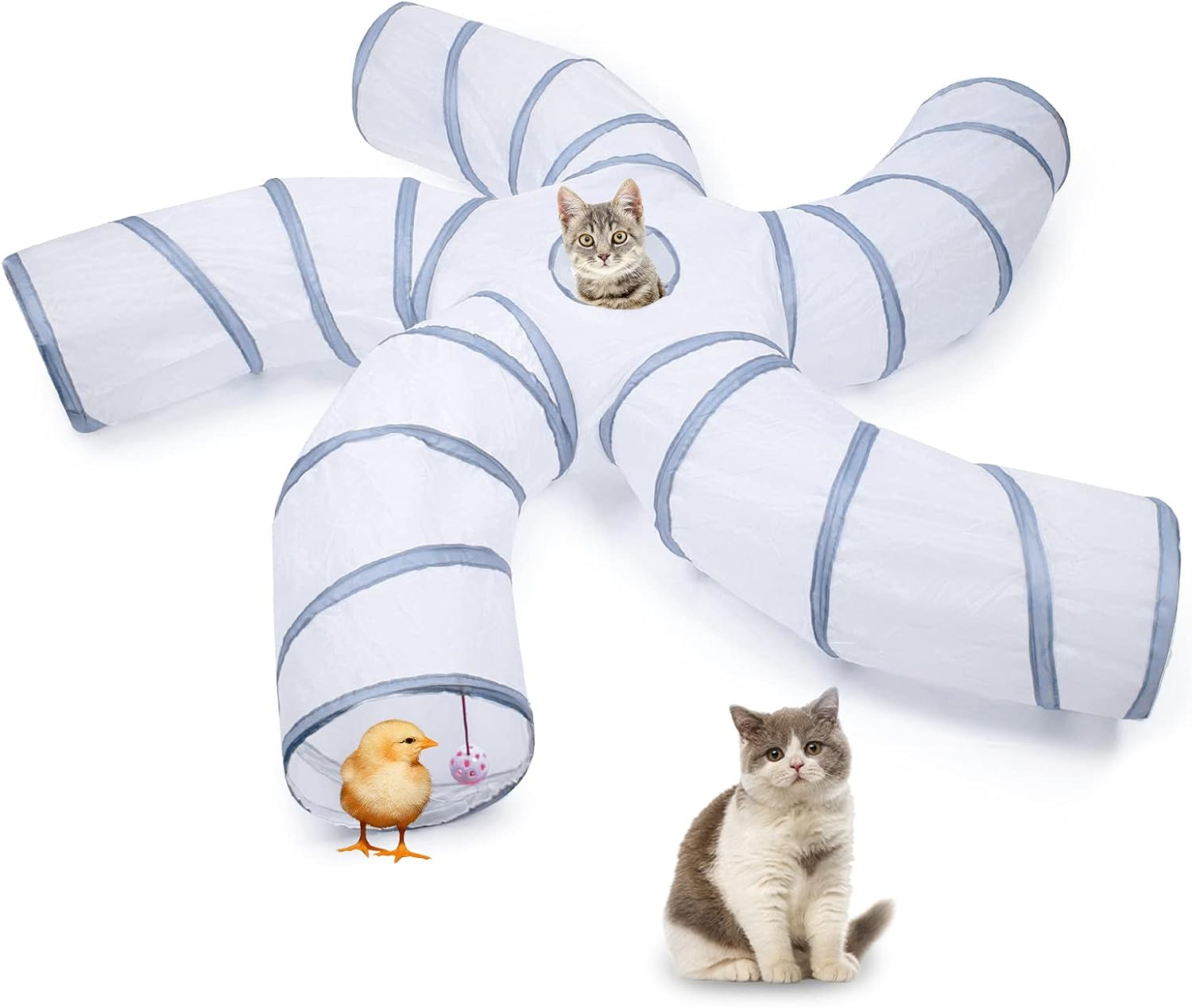 EGETOTA Cat Tunnel for Indoor Cats Large, with Play Ball S-Shape 4 Way Collapsible Interactive Peek Hole Pet Tube Toys, Puppy, Kitty, Kitten, Rabbit (S4 - White & Grey)