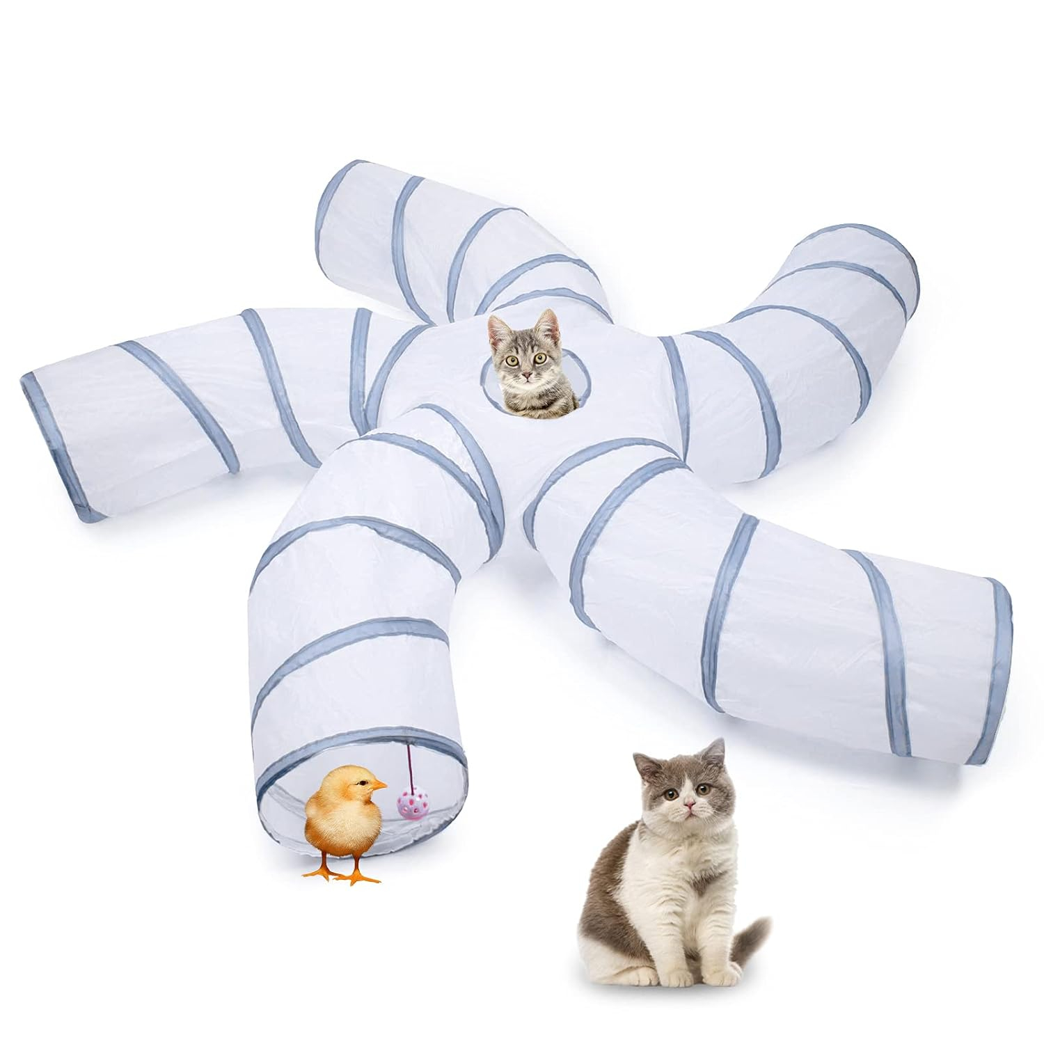 EGETOTA Cat Tunnel for Indoor Cats Large, with Play Ball S-Shape 4 Way Collapsible Interactive Peek Hole Pet Tube Toys, Puppy, Kitty, Kitten, Rabbit (S4 - White & Grey)