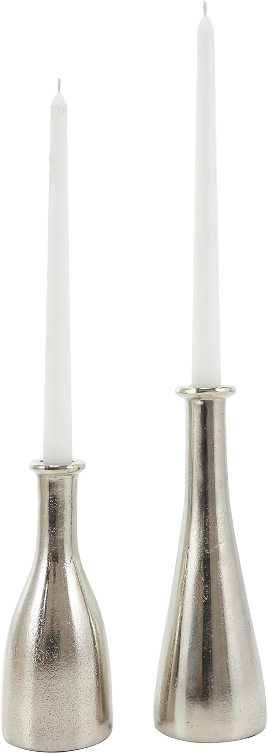 Deco 79 Aluminum Metal Decorative Candle Holder Candle Stand with Varying Shapes, Set of 2 Candlestick Holder 9", 7" H, Silver