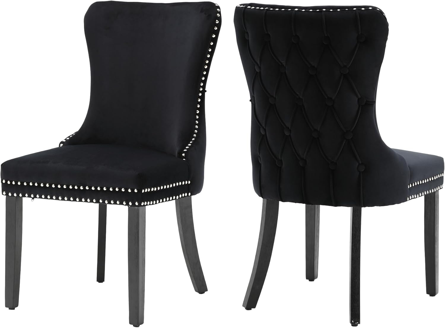 KCC Velvet Dining Chairs Set of 2, Upholstered High-end Tufted Dining Room Chair with Nailhead Back Ring Pull Trim Solid Wood Legs, Nikki Collection Modern Style for Kitchen, Black