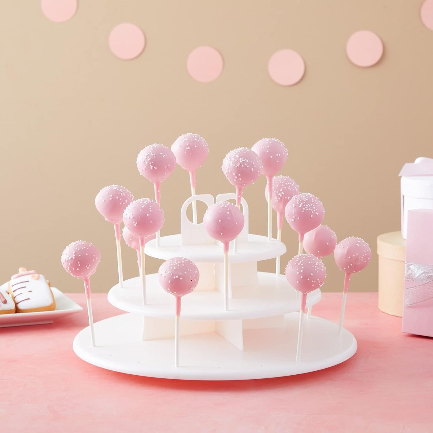 Pink Silicone Cake Pop Maker Kit with White Dessert Stand