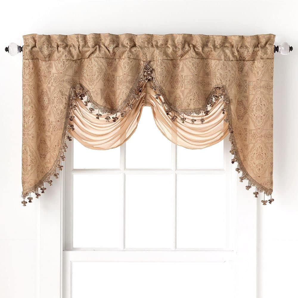 Kate Aurora Georgina Ultra Luxurious Raised Jacquard And Fringed Trimmed Austrian Window Valance - 52 in. W x 28 in. L, Gold