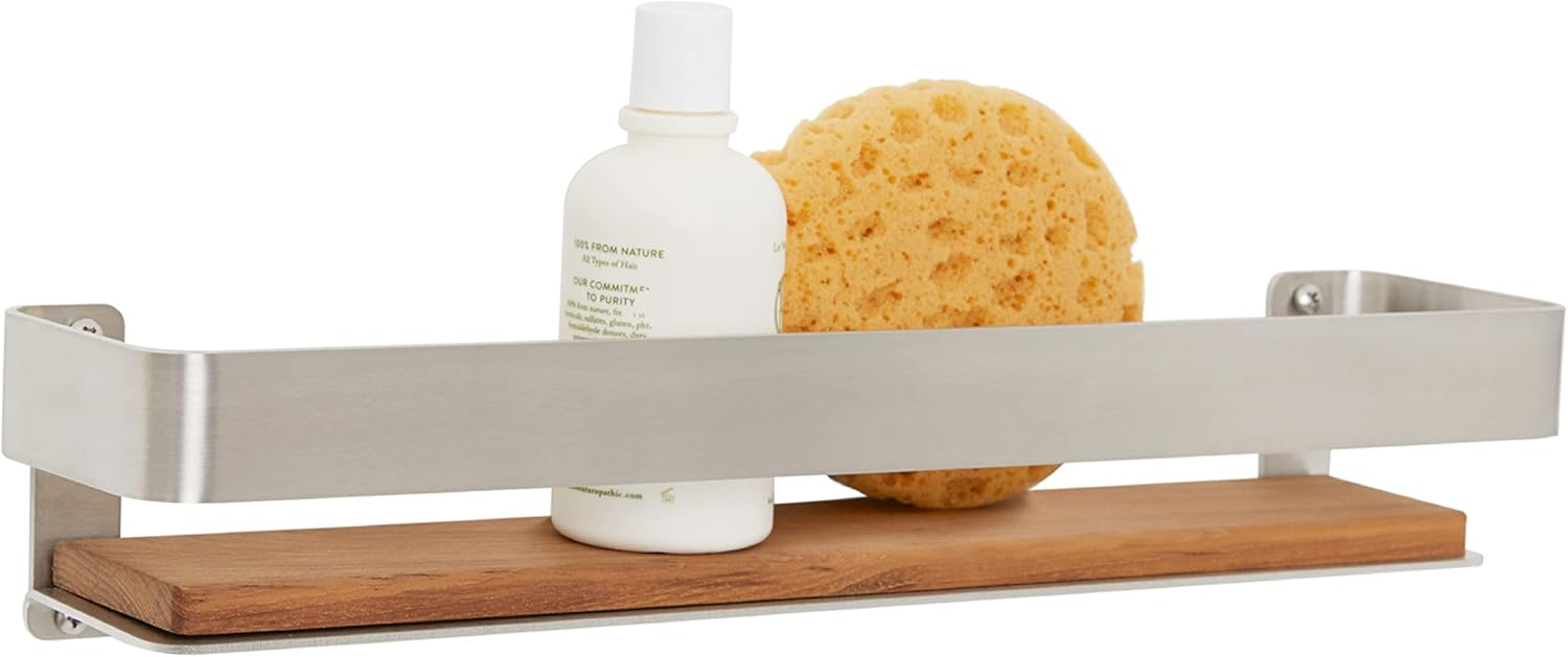 Seachrome Rectangular Shower Shelf with Rail in a Satin Finish and Natural Teak Wood Insert