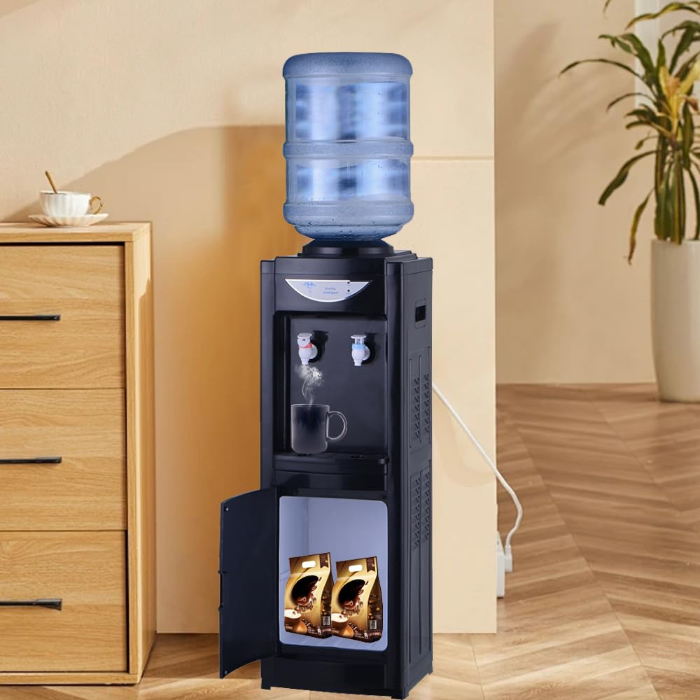 Hot & Cold Top Loading Water Dispenser, 5 Gallon Water Cooler Dispenser with Child Safety Lock, Removable Drip Tray and Storage Cabinet, Ideal for Home Office Use, White