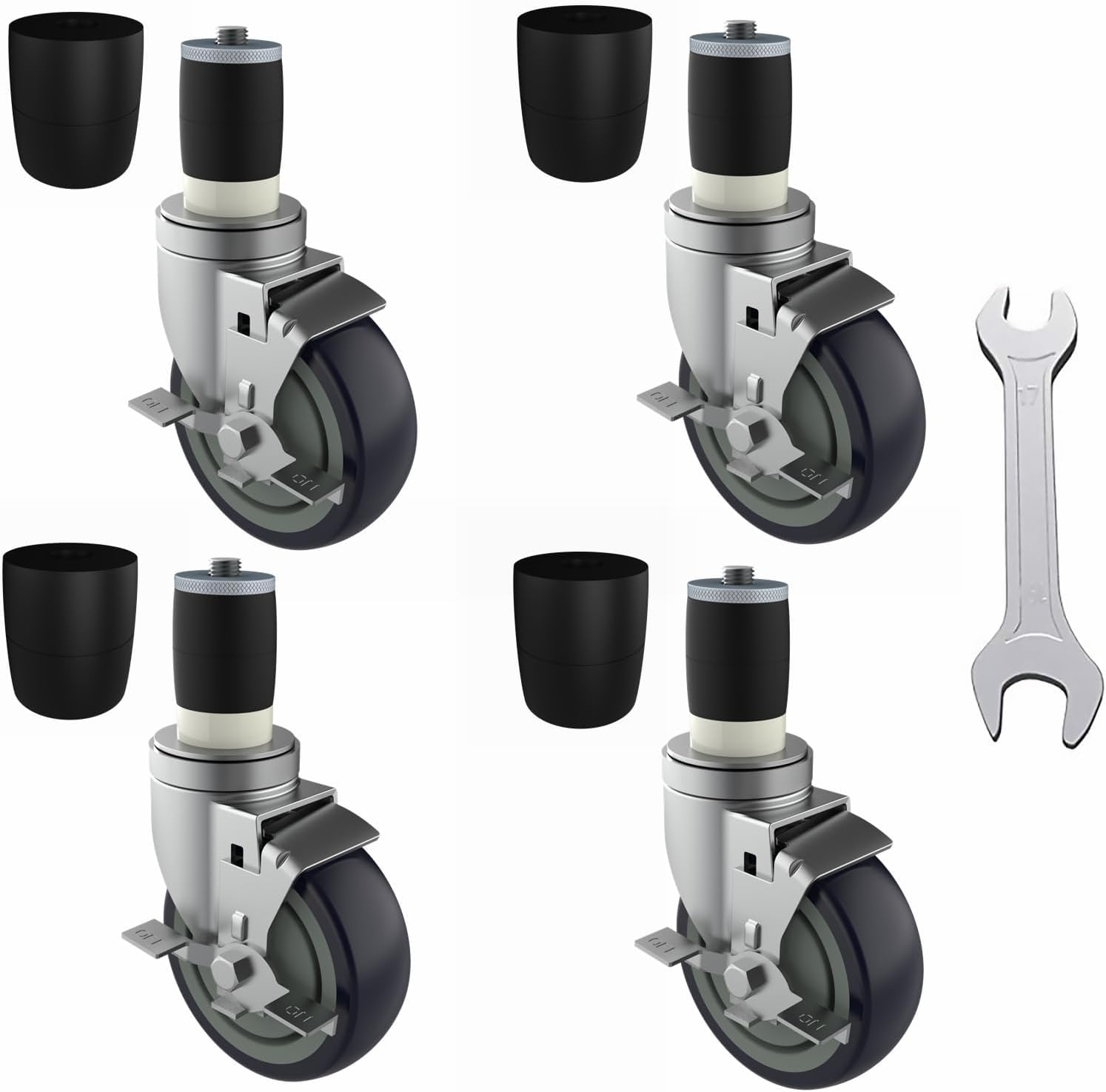 4 inch Prep Table Casters Set of 4 for Commercial Kitchen Prep Tables, Expanding Stem Caster Wheels for Table Legs All with Brake Fit 1-1/2" and 1-5/8" Inner Diameter Leg Tube Adapter Caster