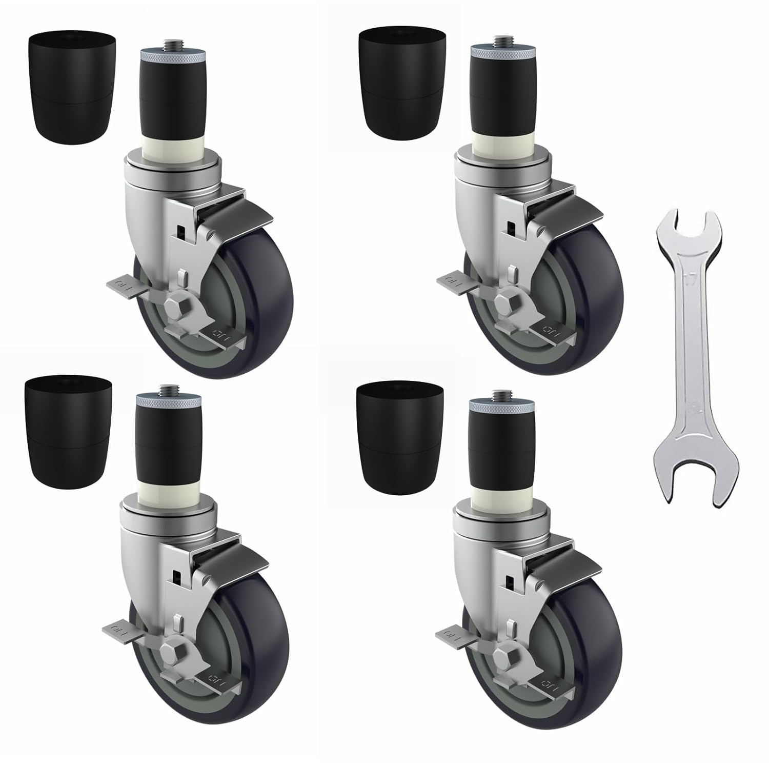 4 inch Prep Table Casters Set of 4 for Commercial Kitchen Prep Tables, Expanding Stem Caster Wheels for Table Legs All with Brake Fit 1-1/2" and 1-5/8" Inner Diameter Leg Tube Adapter Caster